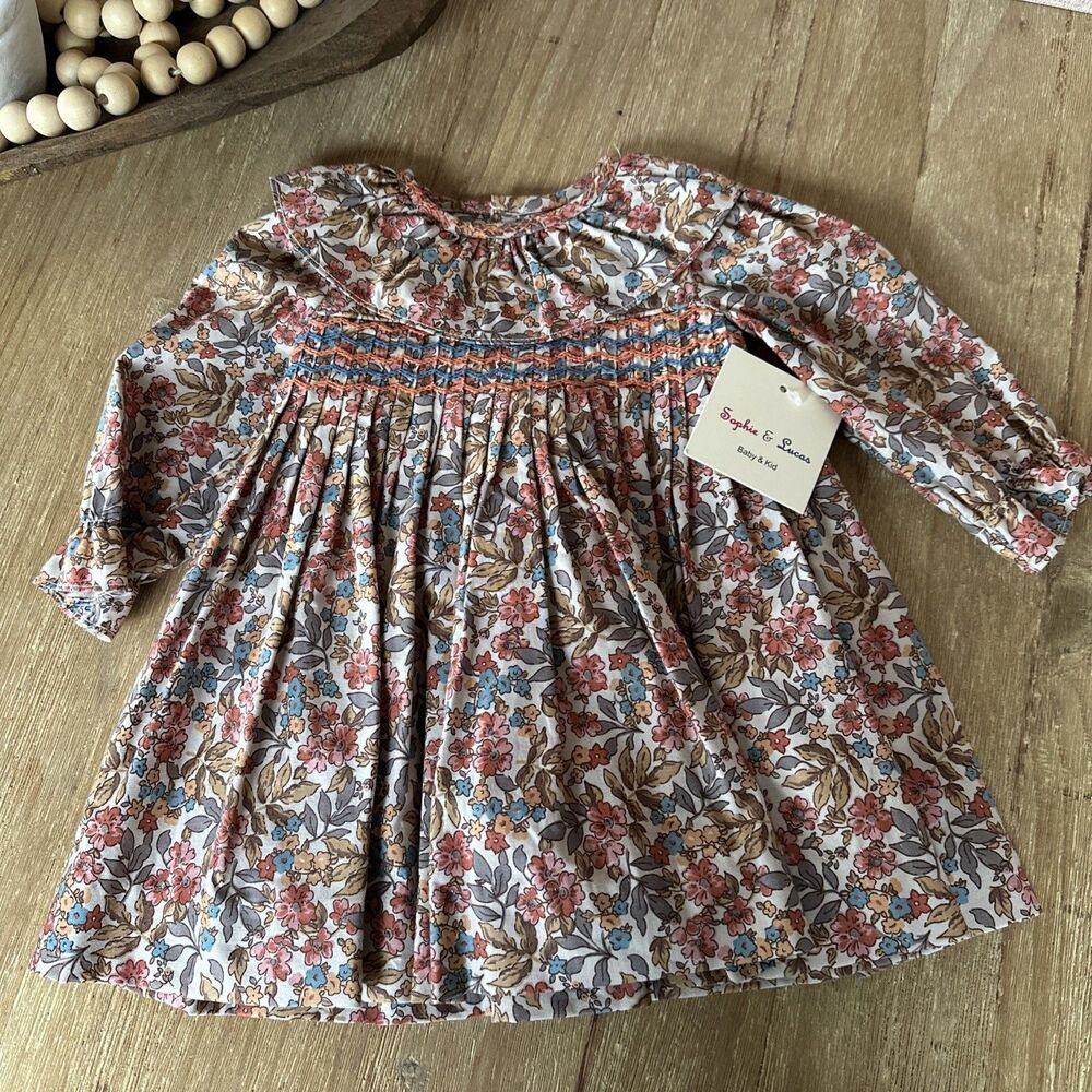 Sophie & Lucas Autumn Toile Pleat Smocked Long Sleeve Dress NWT Size 6m